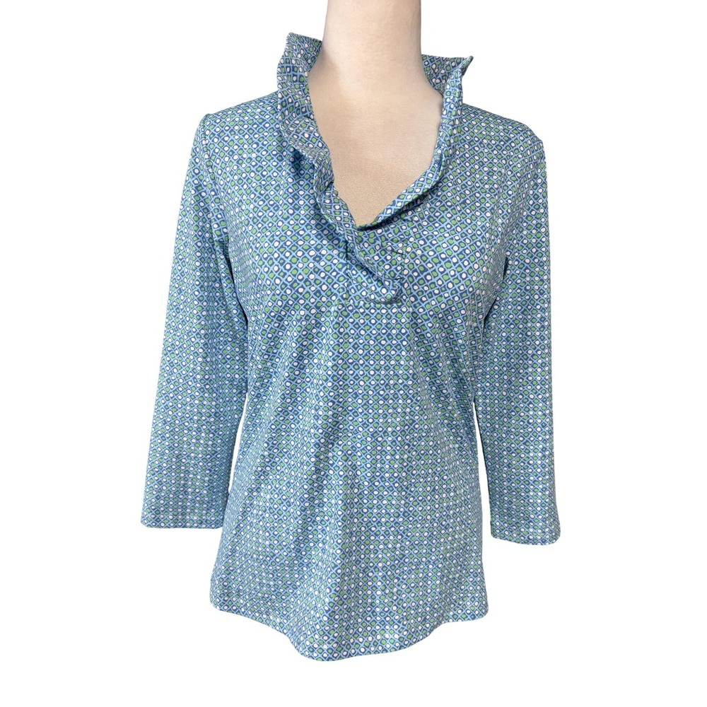 J McLaughlin Shirt Womens Small Blue Geometric Ruffle V Neck 3/4 Sleeve Jersey